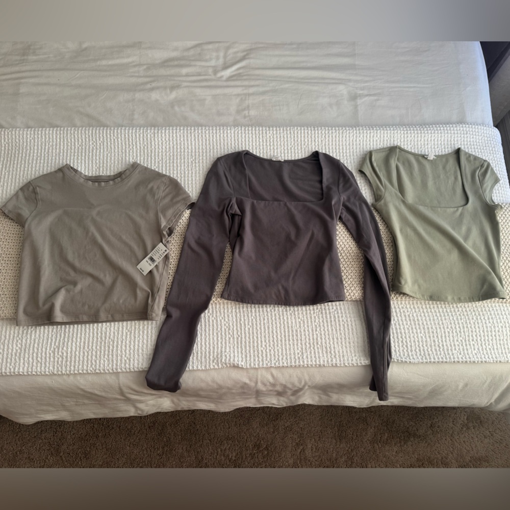 PacSun and Garage set of three tops. Green,grey,oyster. 2 long sleeve,1 short.